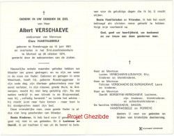 1974 Albert Verschaeve weduwnaar van Mevrouw Clara Vanstraeseele, overleden te Mortsel, den 28 Oktober 1974 (73 jaar).